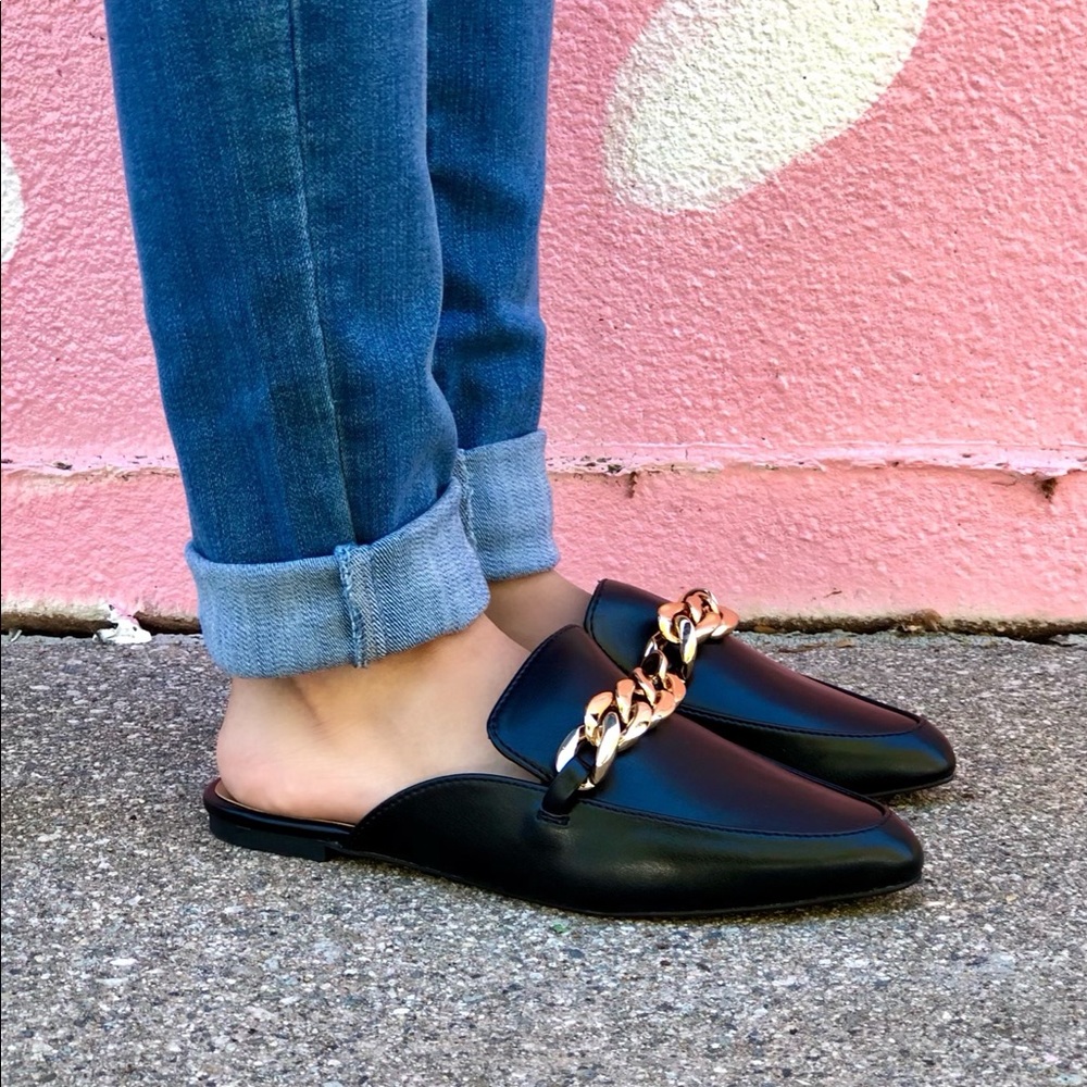 Black Vegan Leather Chain Link Mule Flats